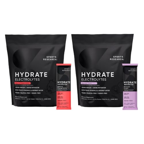 Sports Research Hydrate Electrolytes Dynamic Duo - Sugar-Free & Naturally Flavored with Vitamins, Minerals, and Coconut Water - 32 Hydration Packets of Cherry Pomegranate & Passion Fruit
