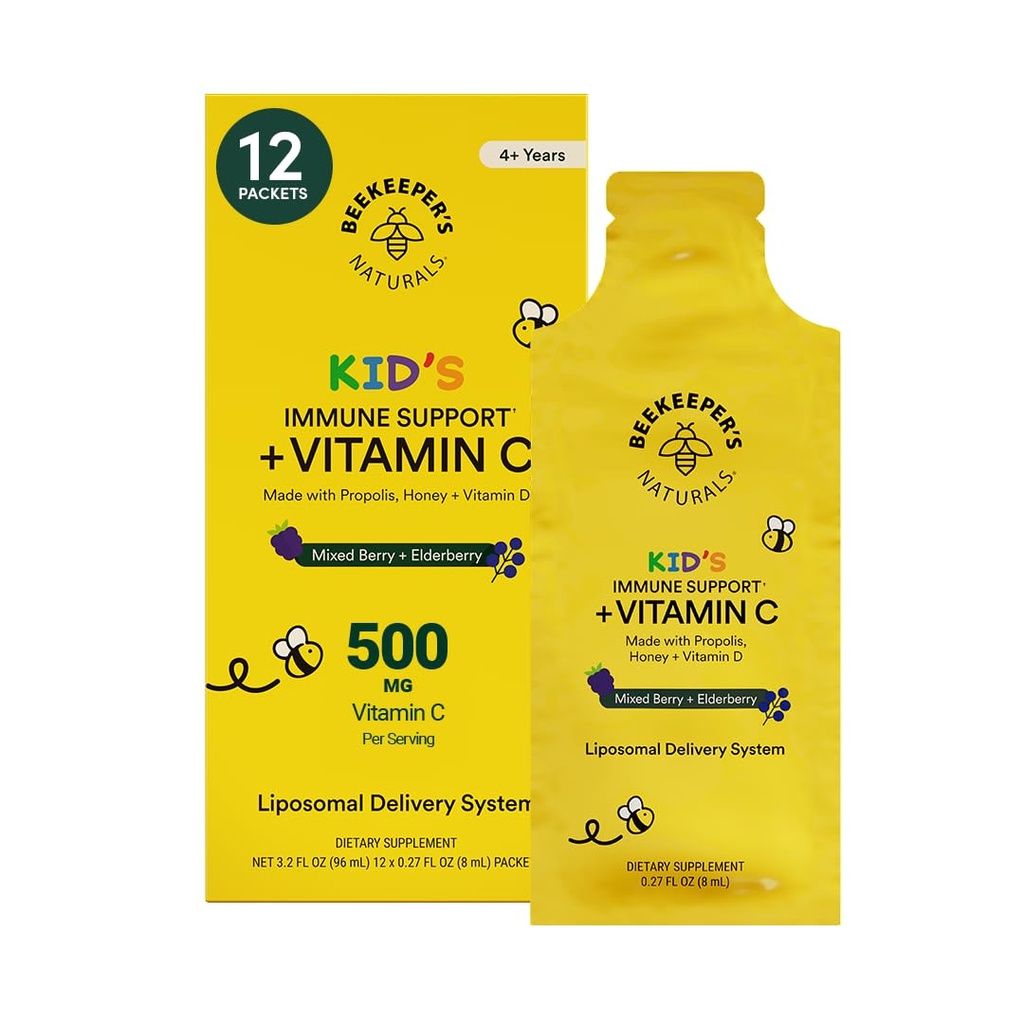 Kid's Immune Liposomal Vitamin C by Beekeeper's Naturals, 500 mg Vitamin C, Elderberry, Vitamin D, Propolis & Honey, Kid-Friendly Immune Support - Mixed Berry Flavor, Easy to Use, Bioavailable, 12 Ct