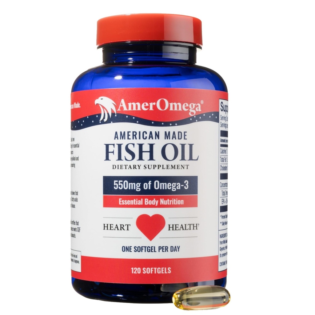 AmerOmega triglycerid Omega-3 Fish Oil for Heart Health Support - Wild-Fanget Alaska Walleye Pollock - Amerika-Sourced, Amerika-Made - Non-GMO, Gluten- Free & Dairy- Free - 120 Softgels