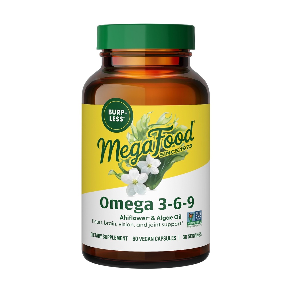 MegaFood Vegan Omega 3 6 9 - Burp- mindre supplement - 600 mg Plant- baserede Omega 3 & 150 mg DHA Per Servering - hjerte, hjerne, Vision & fælles støtte - Fish Oil Alternative - 60 kapsler, 30 Servering