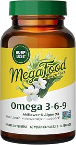 MegaFood Vegan Omega 3 6 9 - Burp-Less Supplement - 600 mg Plant-Based Omega-3 & 150 mg DHA Per Serving - Heart, Brain, Vision & Joint Support - Fish Oil Alternative - 60 Capsules, 30 Servings