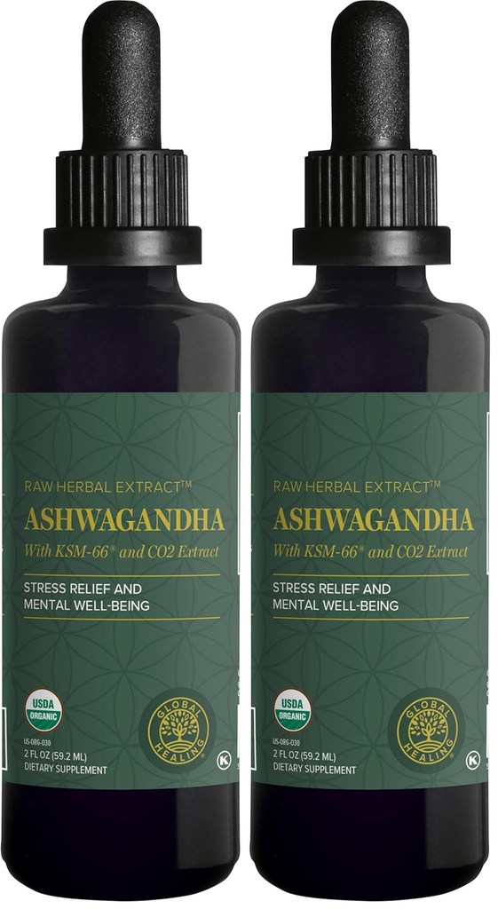 Global Healing Center - Organic Ashwagandha Supplements Drops - KSM-66 Ashwagandha Extra Strength for Men & Women, Helps Promote Relief from Stress, Mood Support, Organic (2 Fl Oz) (Pack of 2)