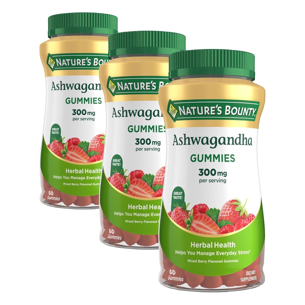 Nature's Bounty Ashwagandha Gummies, 300mg KSM-66 Ashwagandha Extract, Mixed Berry, 60 Gummies (Pack of 3)