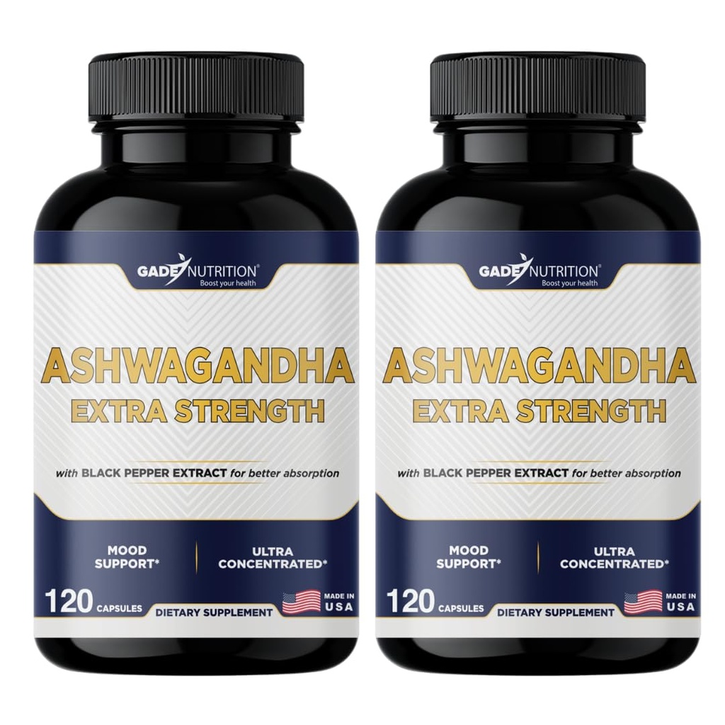 Gade Nutrition Ashwagandha Supplements - Extra Strength, ashwagandha Powder Capsules with Black Pepper, Natural Mood, Focus, and Energy Support Supplement, 120 Veggie Capsules, USA Made (Pack of 2)