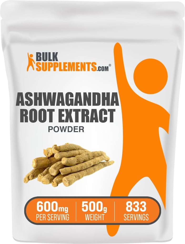 BulkSupplements.com Ashwagandha Root Extract Powder - Ashwagandha Supplement, Herbal Supplement - Vegan & Gluten Free, 600mg per Serving, 500g (1.1 lbs) (Pack of 1)