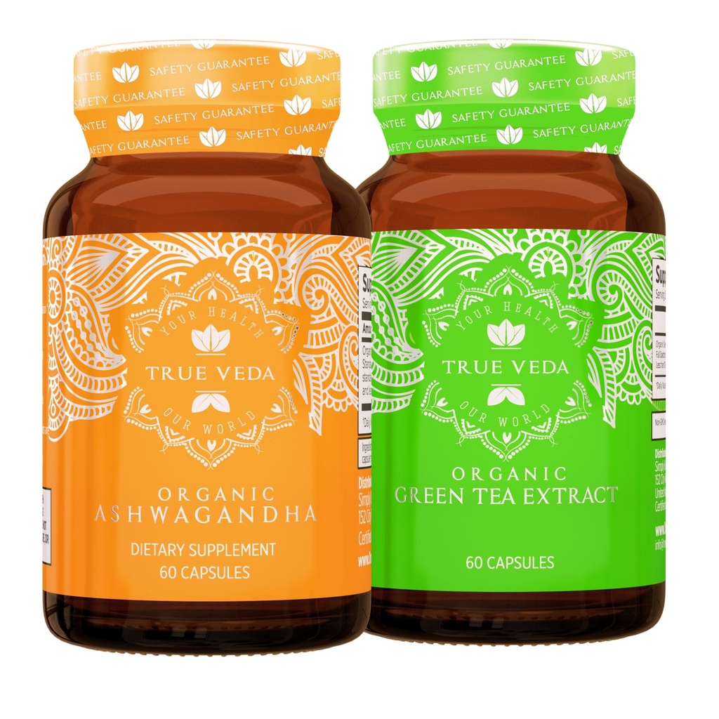 True Veda Calm Energy Bundle | USDA Organic | Multi-Award-Winning | Organic Ashwagandha KSM-66® + Organic Green Tea Capsules