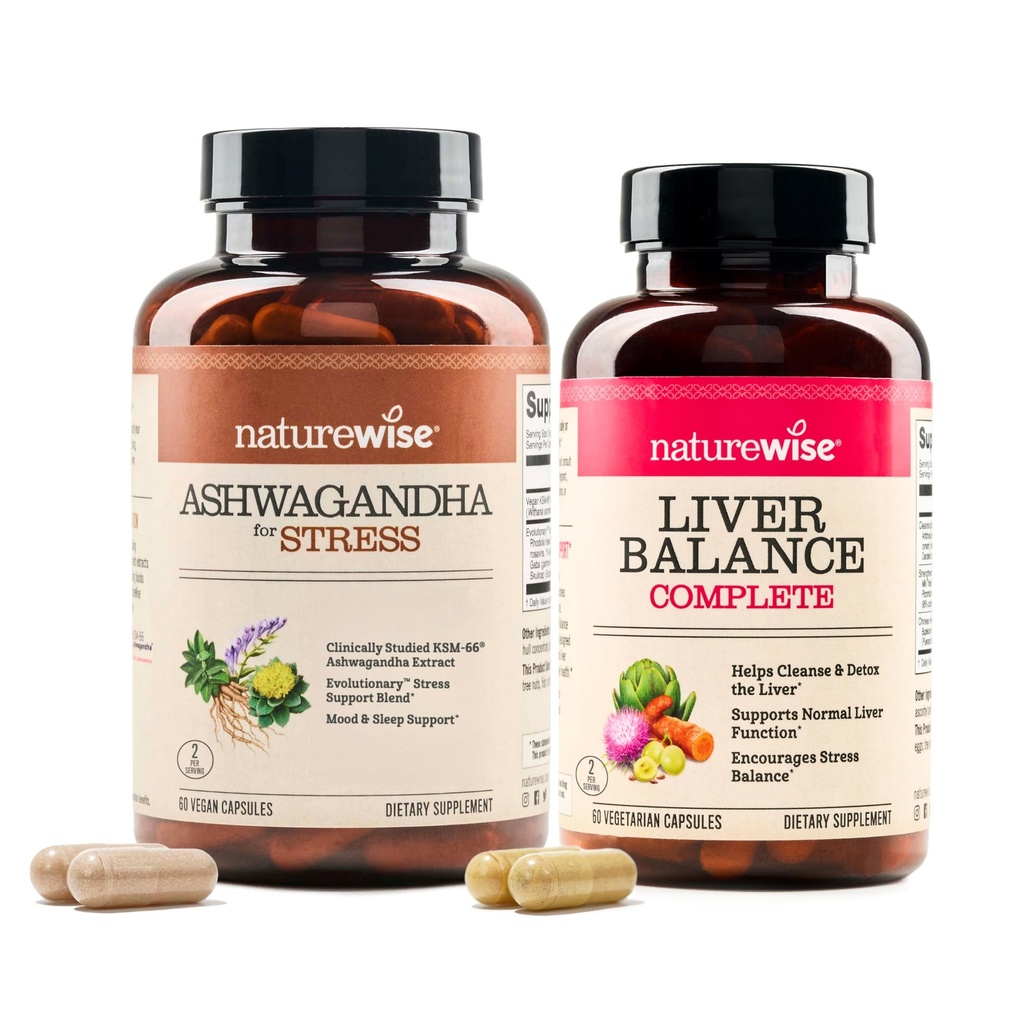 NatureWise [1] Ashwagandha for Stress + GABA & L-Theanine - 60 Capsules[30-Day Supply] + [1] Liver Balance - Milk Thistle, Dandelion, Turmeric - 60 Capsules[30-Day Supply]