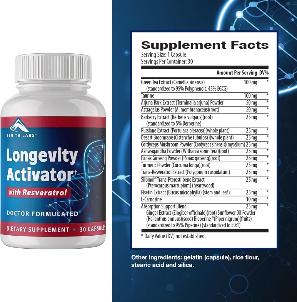 Zenith Labs Longevity Activator Anti- Aging Supplement Kosttilskud, Naturlige Antioxidanter med Resveratrol - Understøtter immunfunktion og sund hukommelse