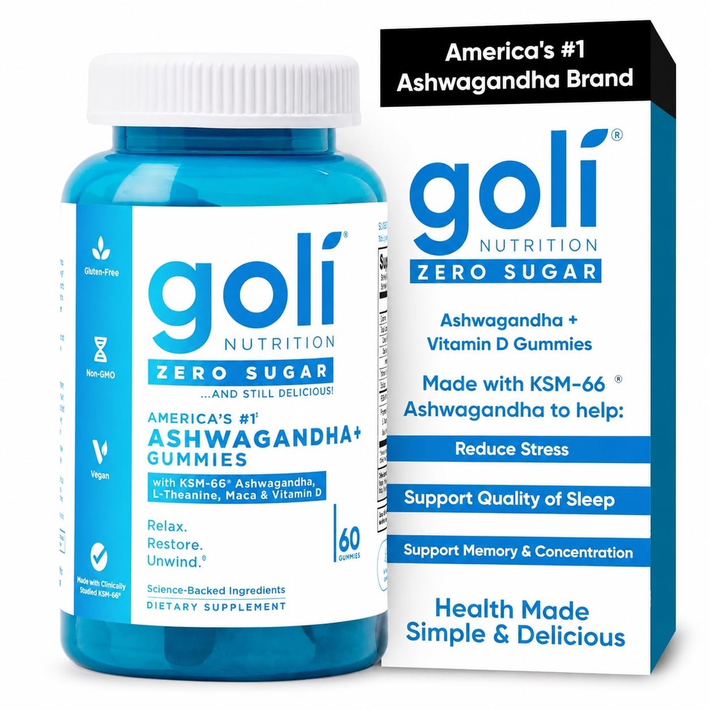 Goli Zero Sugar Ashwagandha Gummies with KSM-66, L-Theanine, Maca and Vitamin D - No Sugar Alcohols - Vegan, Keto-Friendly, Non-GMO