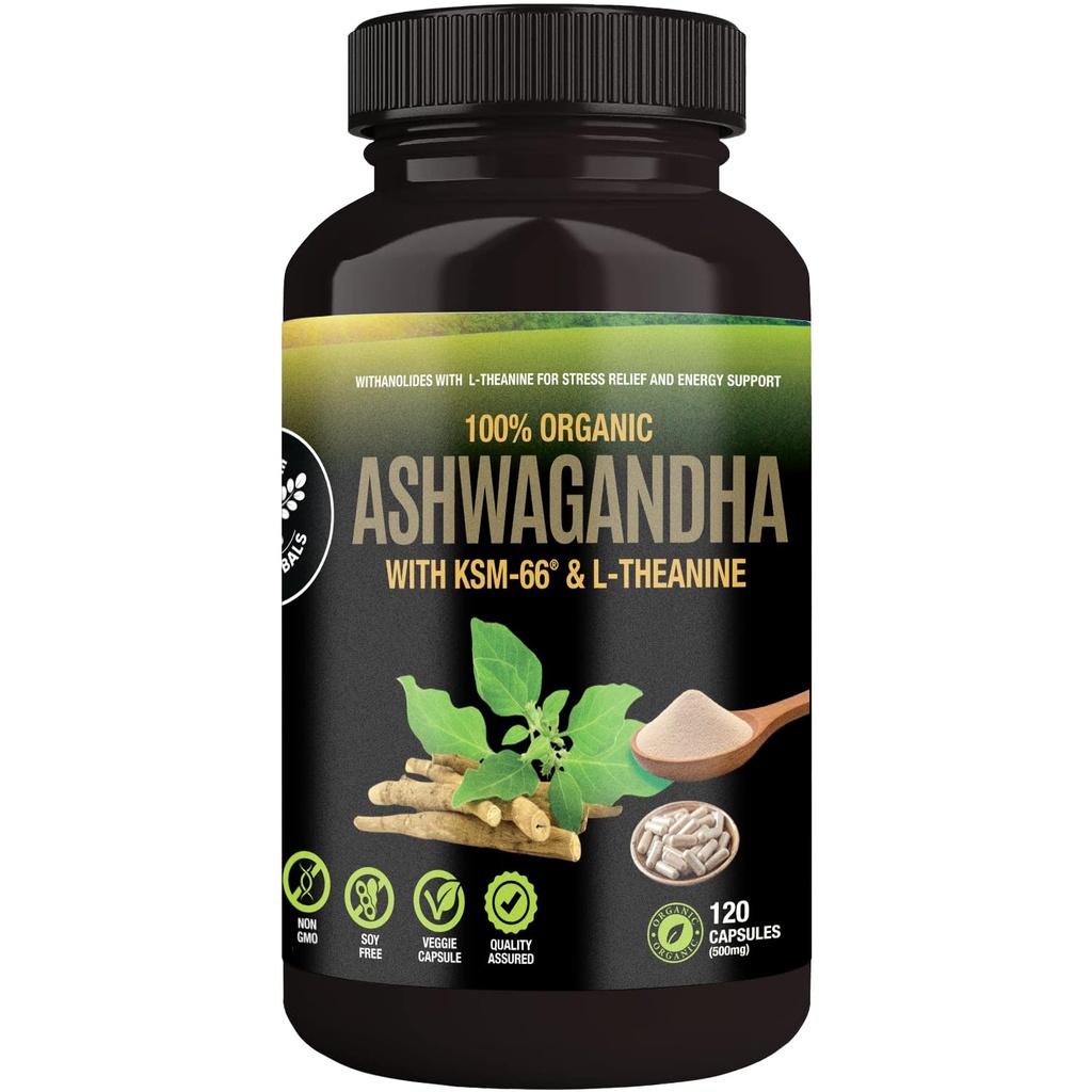 SUPREME HERBALS Organic Ashwagandha Capsules 500 mg with KSM-66® & L-Theanine, 120 Veggie Capsules – Non-GMO, Gluten-Free, Soy-Free – Withania Somnifera Herbal Supplement