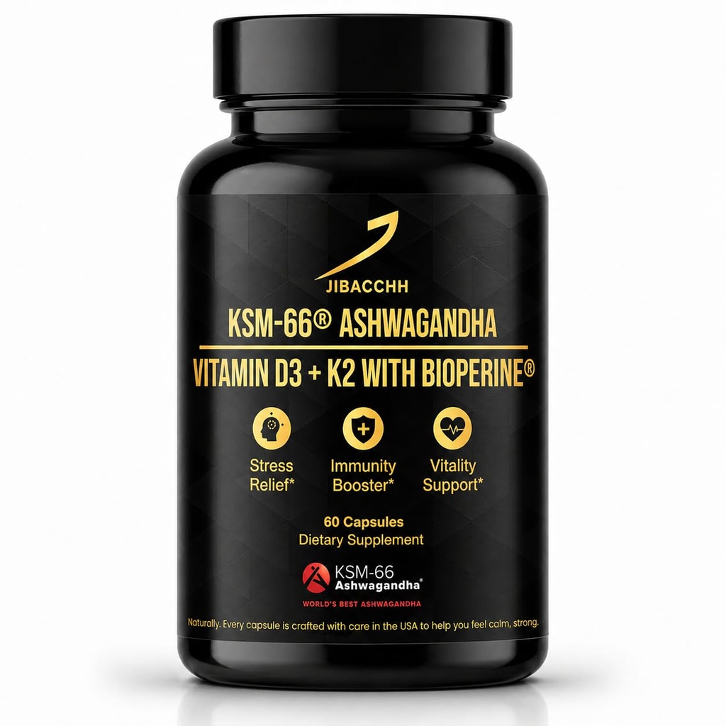 KSM-66® Ashwagandha Supplement 600 mg with Vitamin D3 5000 IU & K2 MK-7, BioPerine for Absorption, 4-in-1 - Stress Support, Mood & Immune Health - 60 Veg Capsules