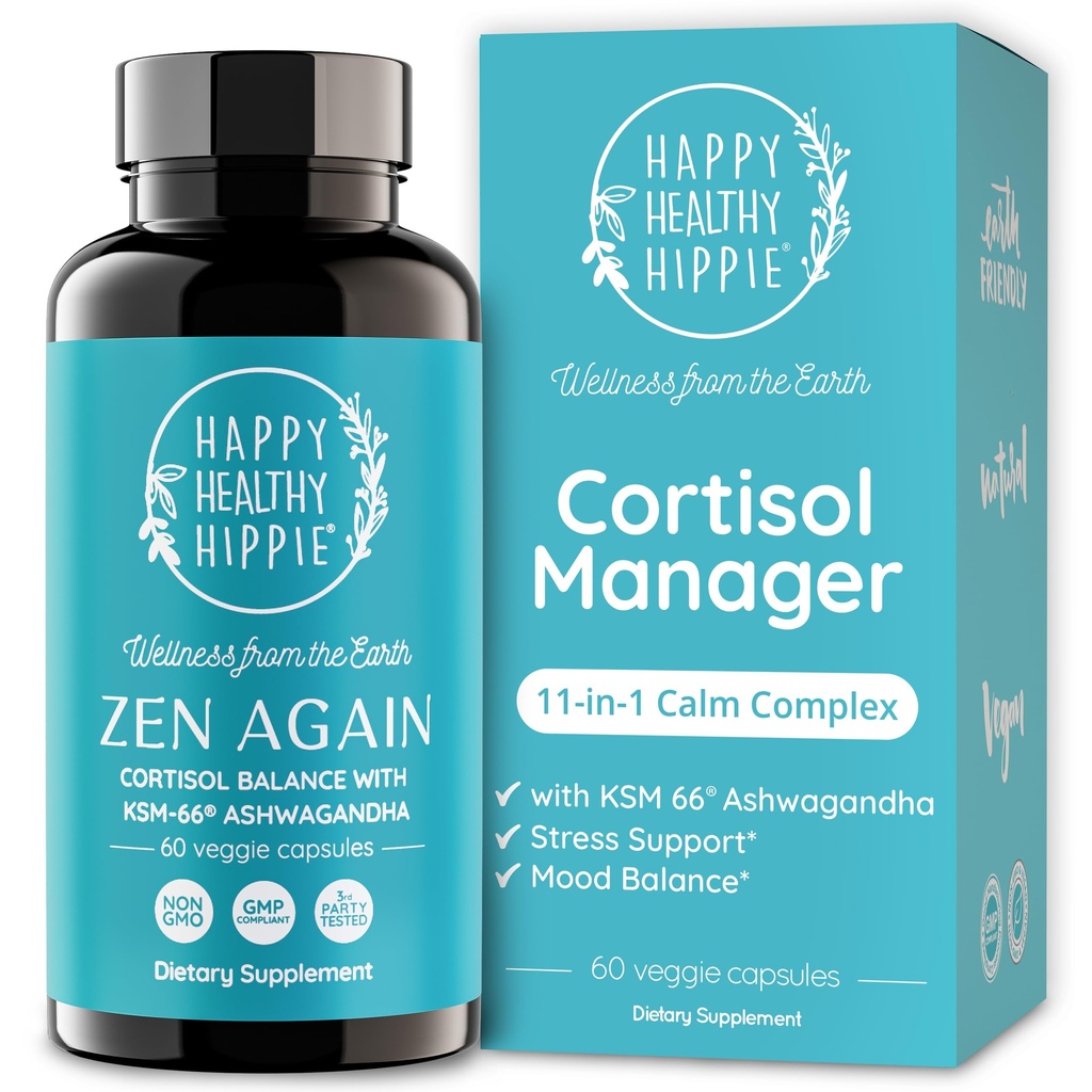 Zen Again Cortisol Manager with Ashwagandha KSM-66 | Cortisol Supplements for Women | 11-in-1 Complex | Herbal Stress Support with L-Theanine, Rhodiola & Magnesium | Vegan, 60 Ct (30 Servings)