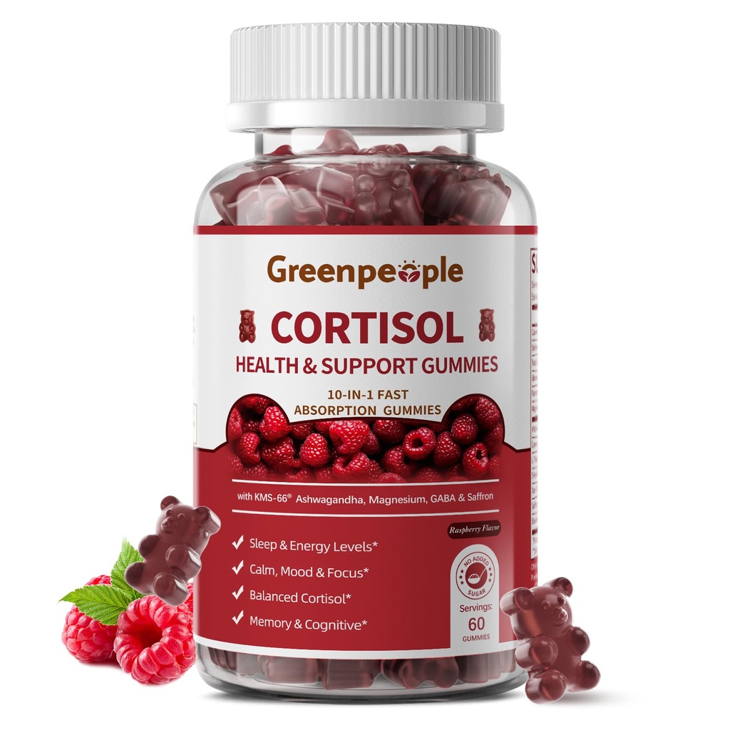 GREENPEOPLE Cortisol Supplements for Women & Men - Cortisol Reducer Detox Manager w/KSM-66 Ashwagandha/Magnesium/L-theanine/GABA/Vitamin B6 for Mood/Sleep/Stress Relief 60 CT Raspberry Flavor Gummies