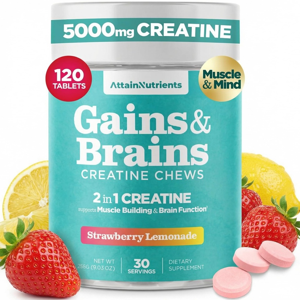 Creatine Chews - 5000mg Creatine Monohydrate Tablets for Men & Women with Ashwagandha KSM-66 - Low Sugar Muscle Support & Cognitive Boost - Gummy Alternative - 120 Count (Strawberry Lemonade)