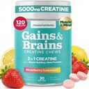 Creatine Chews - 5000mg Creatine Monohydrate Tablets for Men & Women with Ashwagandha KSM-66 - Low Sugar Muscle Support & Cognitive Boost - Gummy Alternative - 120 Count (Strawberry Lemonade)