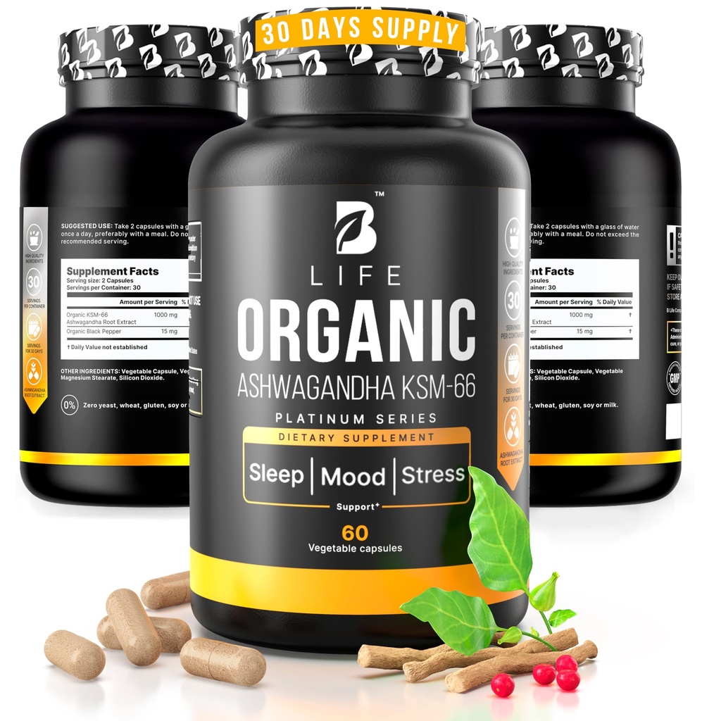 Organic Ashwagandha KSM-66 1000 mg Supplement | Adaptogen for Cortisol Support & Stress Relief | Mood, Calm & Sleep Aid for Men & Women | Ashwagandha ritual vitamins for women | 60 Vegan Caps