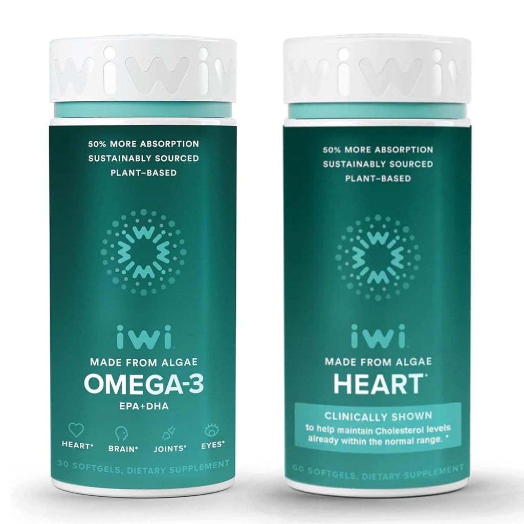 Iwi Omega-3 & Heart Omega-3 Bundle, 30 Servings, Vegan Plant-Based Algae Omega 3, Krill & Fish Oil Alternative, No Fishy Aftertaste