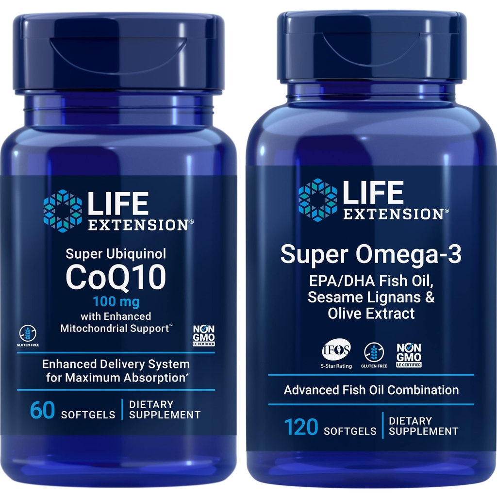 Life Extension Super Ubiquinol Coq10, 100 Mg, 60 Softgels - 124; Super Omega-3 Epa / dha Fish Oil, 120 Softgels - 124; Heart & Brain Health Kosttilskud, Inflammation Management, Anti- Aging Support.