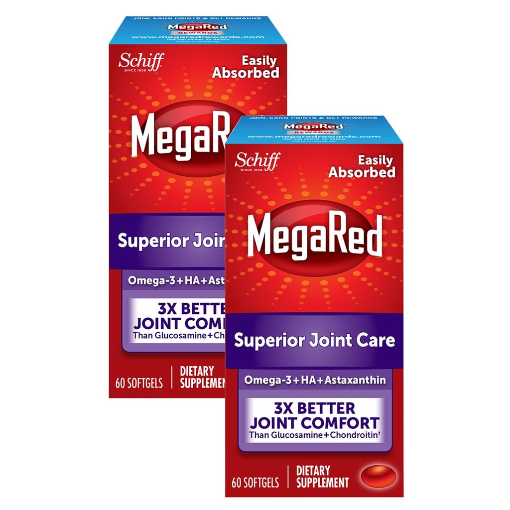 MegaRed 353mg Omega-3 Krill Oil Joint Care Supplement with EPA/DHA Fatty Acids, Antioxidants, Hyaluronic Acid, No Fishy Burp Aftertaste as with Fish Oil, 60 Count Softgels (2 Pack)