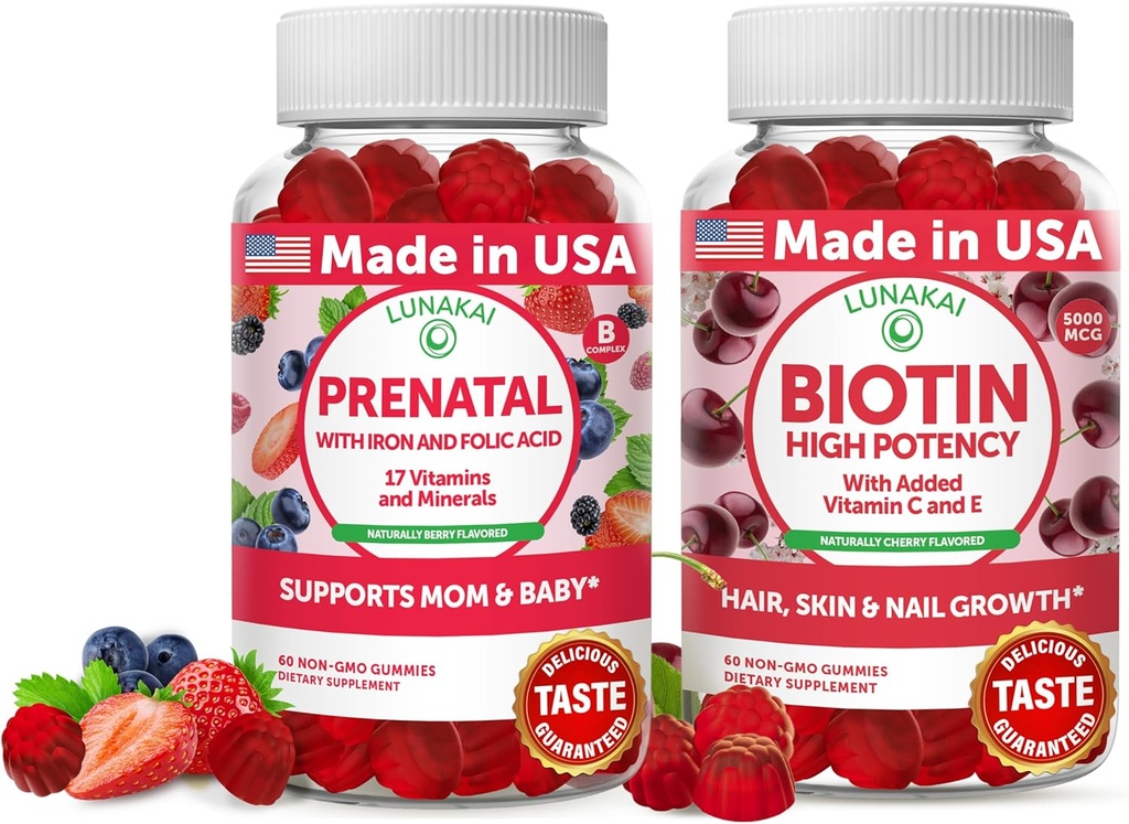 Lunakai prenatal og biotin gummies Bundle - Graviditet Multivitamin Gummy med jern & folsyre - hår hud og negle vækst supplement med C-vitamin og E - 30 dages forsyning