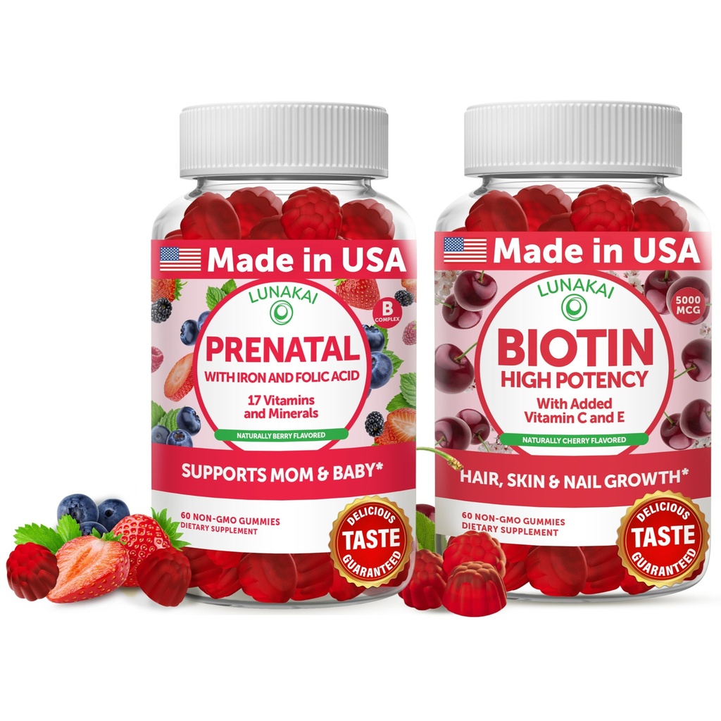 Lunakai prenatal og biotin gummies Bundle - Graviditet Multivitamin Gummy med jern & folsyre - hår hud og negle vækst supplement med C-vitamin og E - 30 dages forsyning