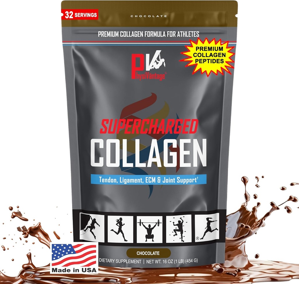 PhysiVantage Supercharged Collagen Peptider Powder - Hydrolyzed Collagen for Joint, Tendon, Ligament, & Skin Health Support - Chokolade, Keto, Paleo, 16oz; Forstærket med C-vitamin, BCAA, Grass- Fed