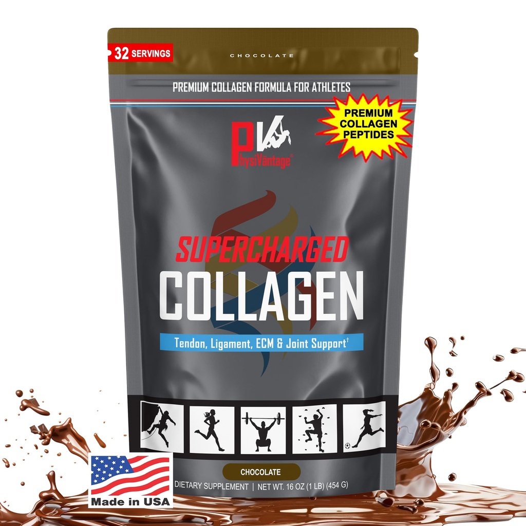 PhysiVantage Supercharged Collagen Peptider Powder - Hydrolyzed Collagen for Joint, Tendon, Ligament, & Skin Health Support - Chokolade, Keto, Paleo, 16oz; Forstærket med C-vitamin, BCAA, Grass- Fed