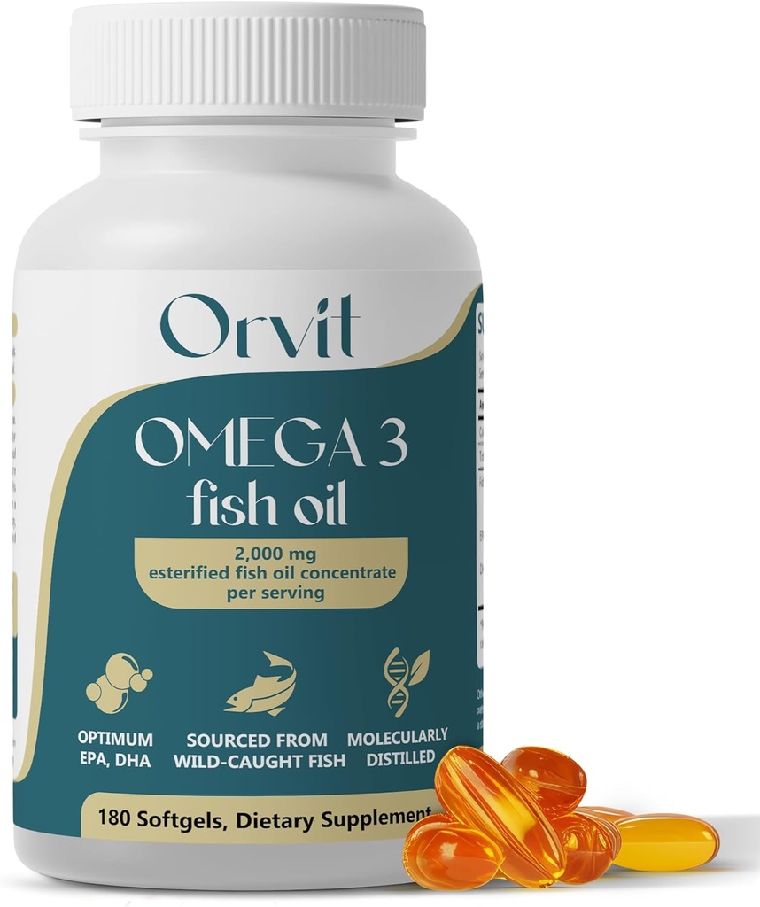 ORVIT Omega 3 Fish Oil Softgel 2000 mg - Ultimate EPA DHA tillæg for mænd og kvinder - Burpless - No Fishy Taste - Unflavored 180 Softgels - Organic, Ikke GMO - Made in The USA