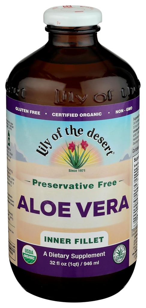 Lily Of The Desert Aloe Vera Juice - Indre Fillet Aloe Vera Drink, Organic Aloe Juice med naturlige vitaminer, fordøjelige enzymer til Gut Health, Mave Relief, Wellness, glødende hud, 32 Fl Oz