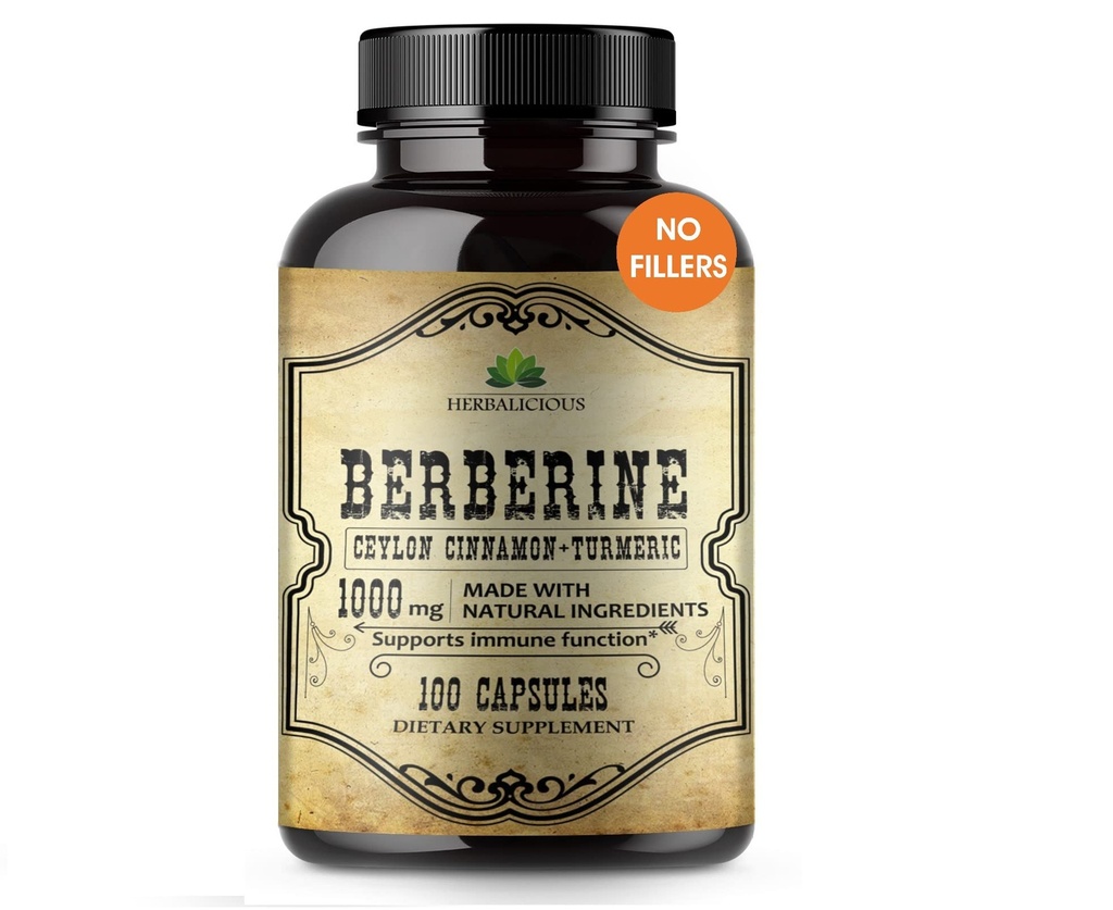 Berberine kapsler Ceylon kanel & gurkemeje - Berberine HCL Kosttilskud til mænd og kvinder - Ikke GMO Berberine 1000mg - Ideel til immunforsvar, hjerte, Cholesterol Niveau
