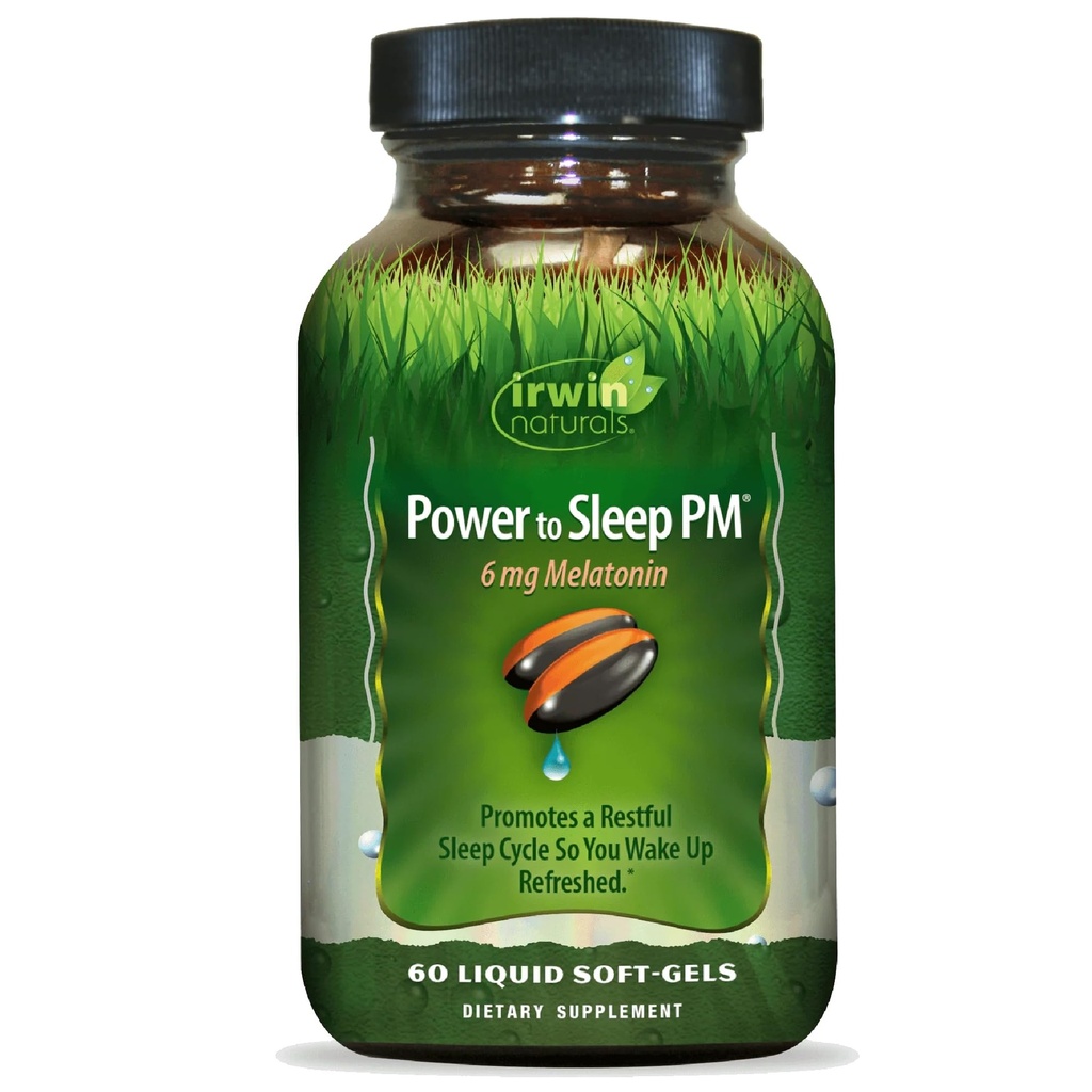 Irwin Naturals Power to Sleep PM - 6mg Melatonin, GABA, Ashwagandha, Valerian Root & L- Theanine Kosttilskud til mænd og kvinder - understøtter afslappende søvn cyklus og afspænding - 60 flydende blød- Gels