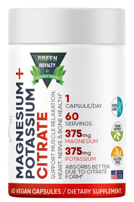 Magnesium Citrate + Kalium 60 Premium Vegankapsler (Citrate 375 mg) + (375mg Kalium) Non GMO, Gluten Free - High Absorption Supplement Made in USA