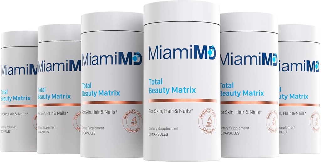 MiamiMD Total Beauty Matrix Collagen Kosttilskud til kvinder - Collagen kapsler med C-vitamin til hår, hud og negle - Cruelty Free - (60 kapsler) - 6 pakke