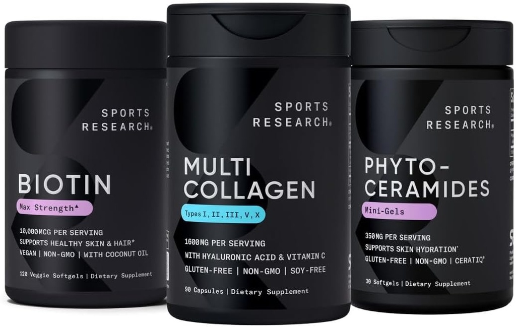 Sports Research Vegan Biotin 10,000mcg med kokosolie, Multi Collagen Pills (type I, II, III, V, X) Hydrolyseret Collagen Peptider med Hyaluronsyre + C-vitamin & Phytoceramider 350mg per Softgel