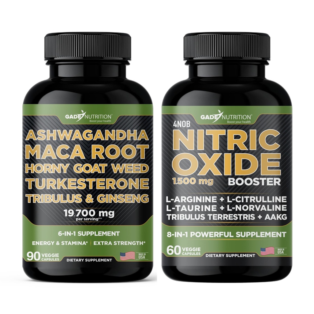 Gade Nutrition Ashwagandha med Maca Root, Horny Geat Weed, Turkesterone, Tribulus Terrestris, Panax Ginseng + nitrogenoxid Booster - Bundle for Energy, Vitality, Performance, Pump