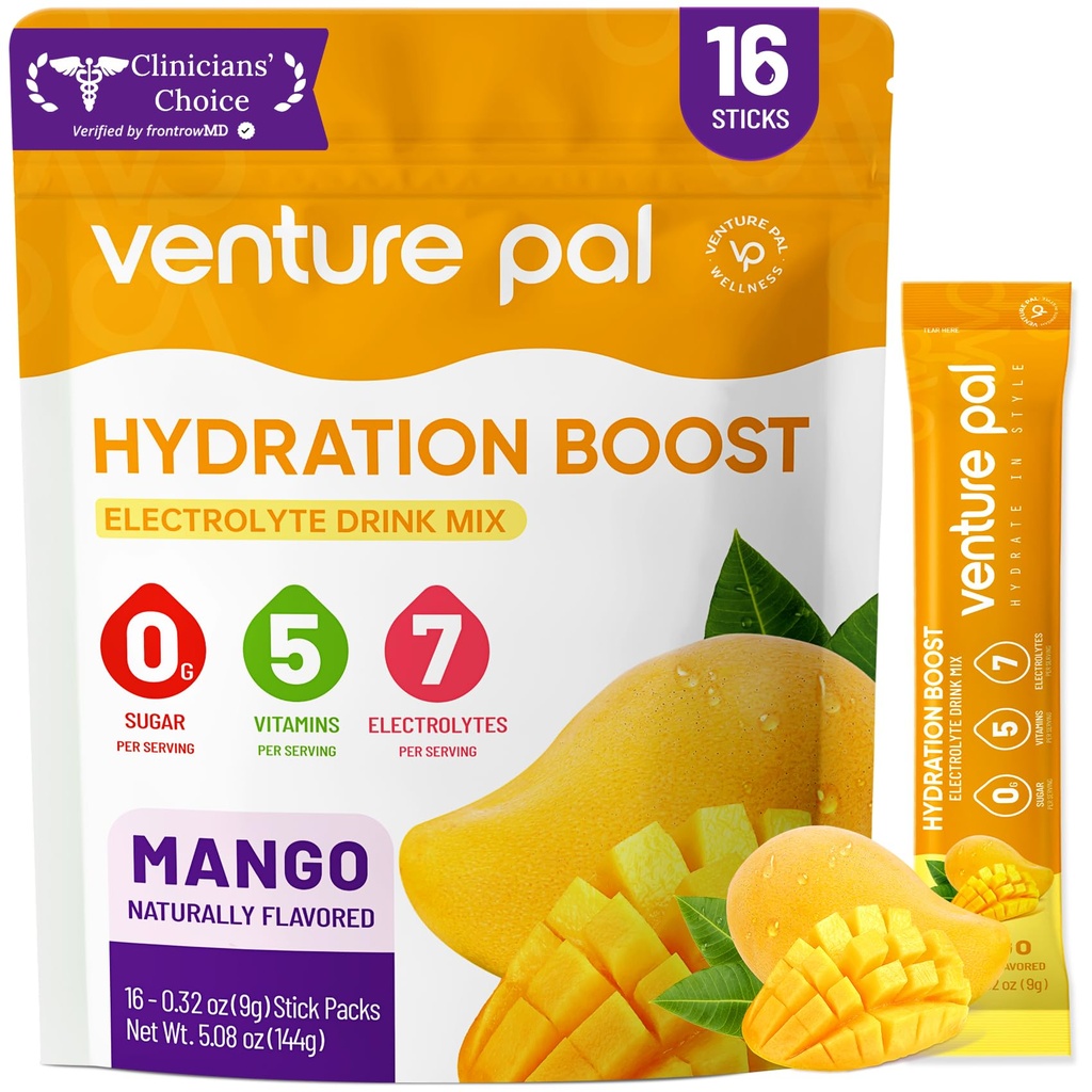 Venture Pal Sugar Free Electrolyte Powder Packets - Flydende Daily IV Hydration Packets # 124; Elektrolytes Drink Mix med 5 Vitamin & 7 Electrolytes # 124; Keto Friendly # 124; Non- GMO # 124; Certified Vegan # 124; 16 Sticks