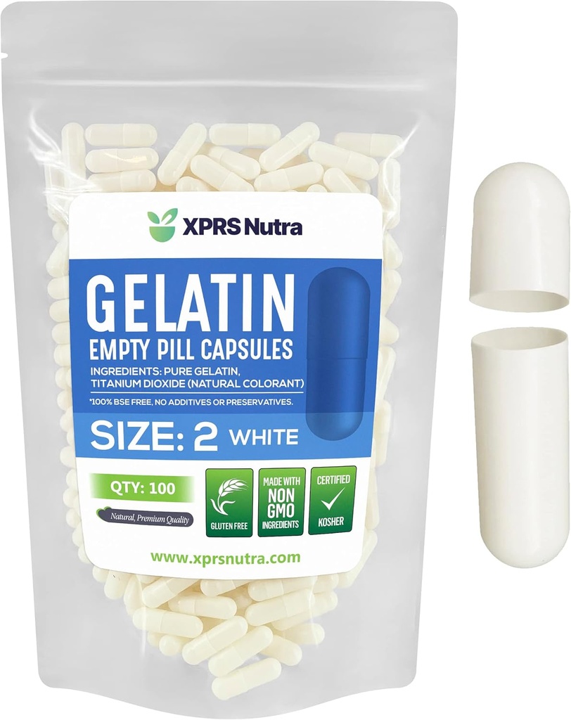 XPRS Nutra Størrelse 2 Tomme kapsler - 100 Tomme Gelatine kapsler - Piller gør det selv Capsule Filling - Pure Bovin Pill Gel Caps til Do- It- Yourself Kosttilskud (hvid)