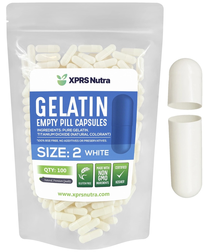 XPRS Nutra Størrelse 2 Tomme kapsler - 100 Tomme Gelatine kapsler - Piller gør det selv Capsule Filling - Pure Bovin Pill Gel Caps til Do- It- Yourself Kosttilskud (hvid)