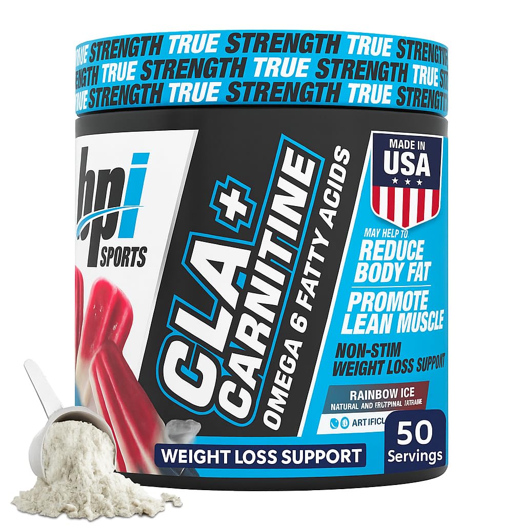 BPI Sports CLA + Carnitin Powder - Ikke Stimulant Fat Burner for vægttab, Metabolisme & Lean Muscle - Koffein fri - Rainbow Ice - 50 Servering - 12.34 oz