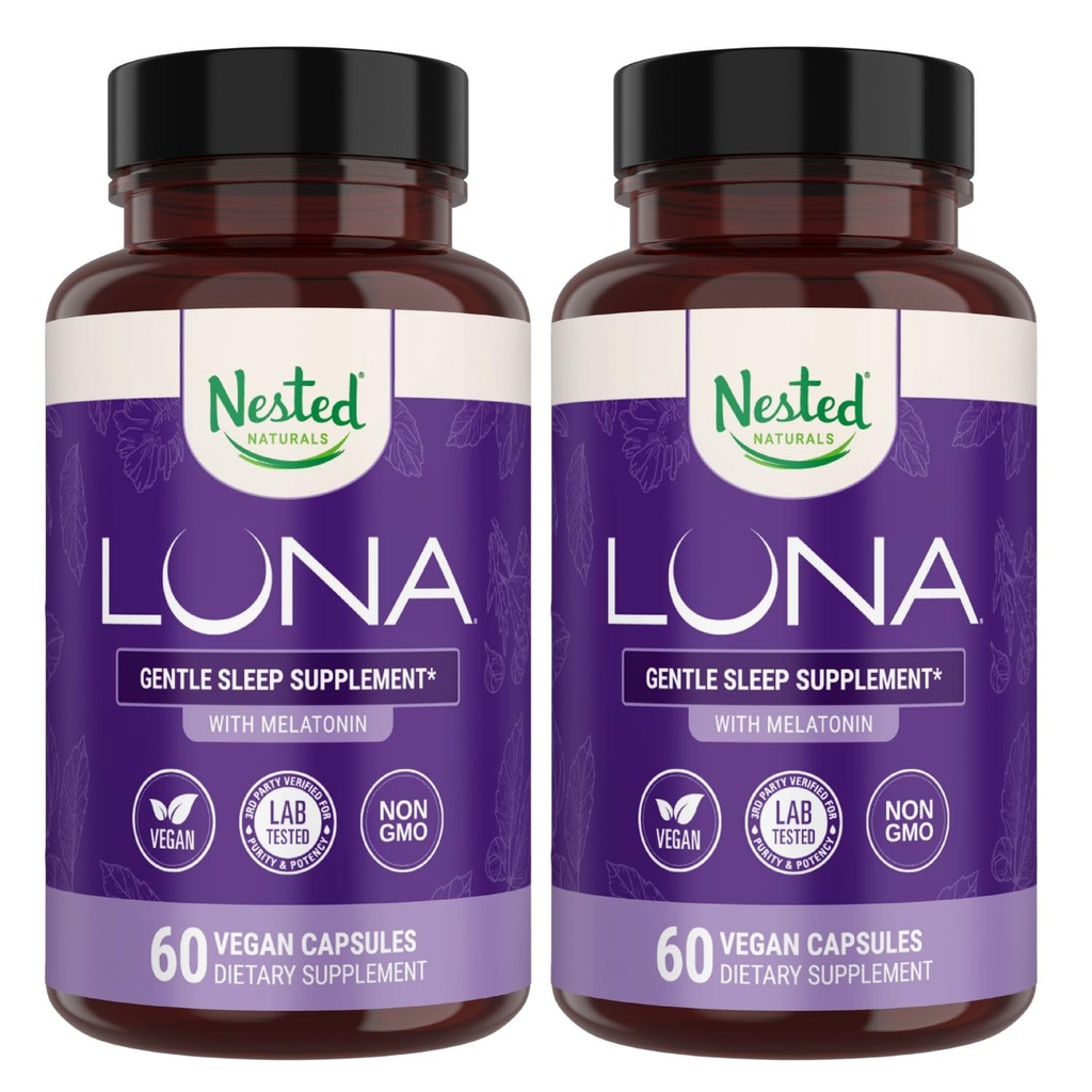 Nested Naturals Luna Sleep Aid - Non-Habit Forming Natural Sleeping Pills for Voksne med naturligt behårede ingredienser - Valerian Root, Melatonin, Kamille, Lemon Balm, og mere - 120 Vegansk Kapsler