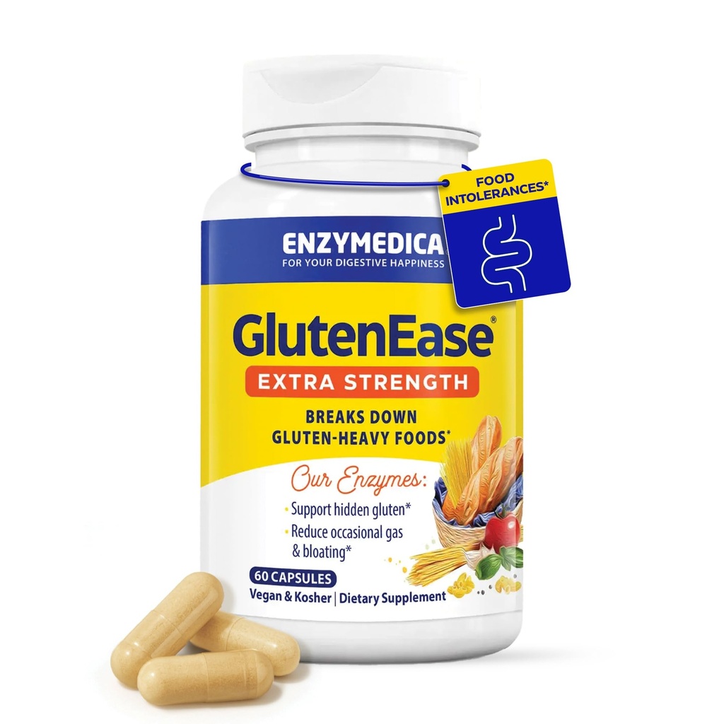 Enzymedica GlutenEase Extra Strength - Digestive Enzyme Supplement for Women & Men, Gluten & Casein Sensitivity Support, High Potency Enzymes for Digestion & Gut Health, Helps Gas & Bloating - 60 Caps