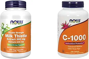 Now Supplements, Silymarin Milk Thistle Extract 300 mg med Artichoke og Mælkebøtte & Kosttilskud, Vitamin C-1000 med Rose HIPS, Vedvarende frigivelse, Antioxidant Protection *