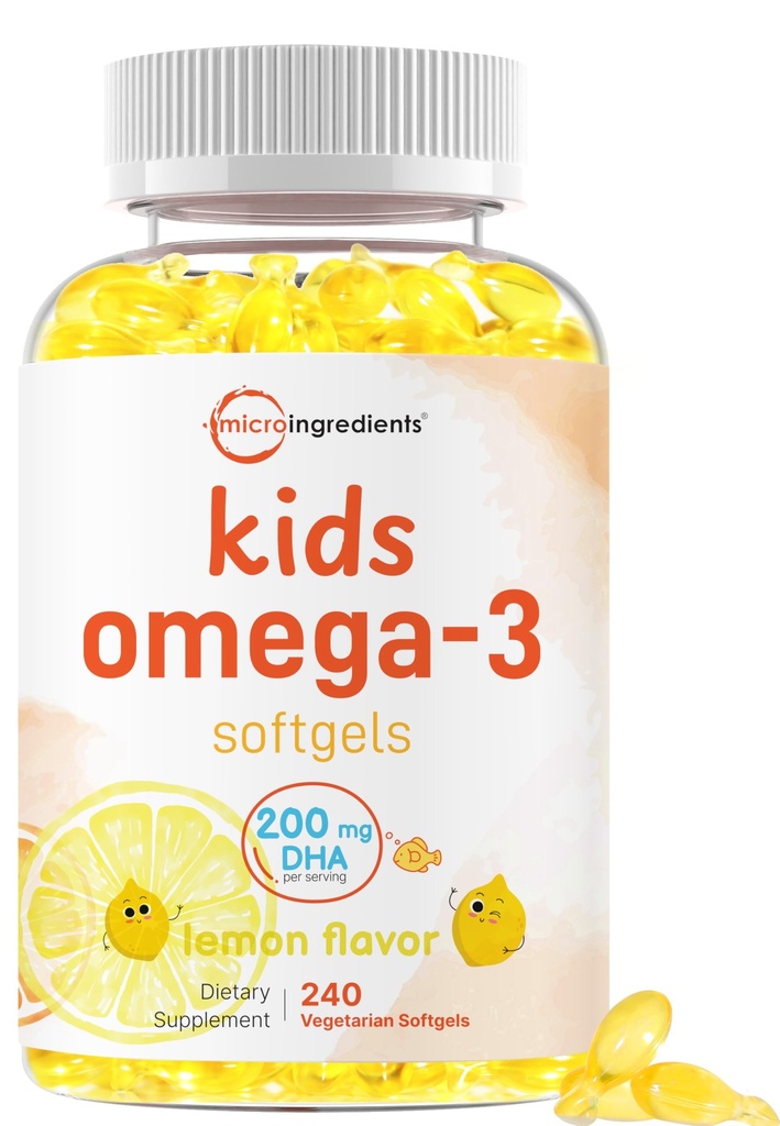 Micro Ingredients Kids Omega-3 Fish Oil, 240 Veggie Softgels | Vegan Omega 3 with 200mg DHA | Lemon Flavored | Fish Oil Alternative from Algae Oil | No Fishy Smell or Aftertaste