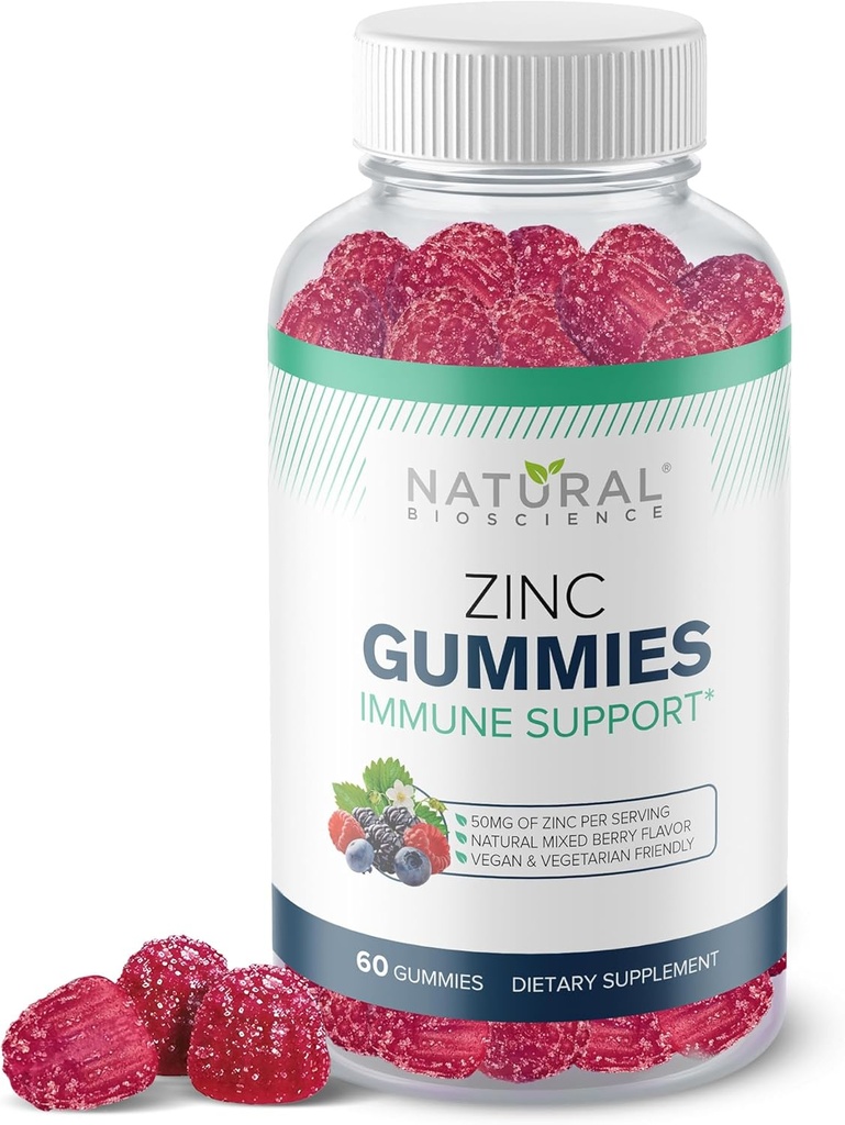 Zink Gummies 50mg - High Potency Immunsupport, Hud Sundhed, Antioxidant, Daglig Immunitet supplement for voksne, Vegan, Glutenfri, Ikke-GMO, Chewable Zink Citrate Gummies, 60 Gummies