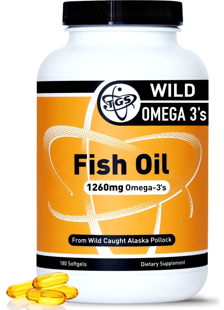 TGS Triple Strength Omega 3 Fish Oil Supplement - 1260mg EPA DHA for mænd og kvinder - Burpless, Pure Omega 3 Fedtsyrer fra Wild Alaska Pollock i triglycerid form - 180 kapsler, 90 Servering