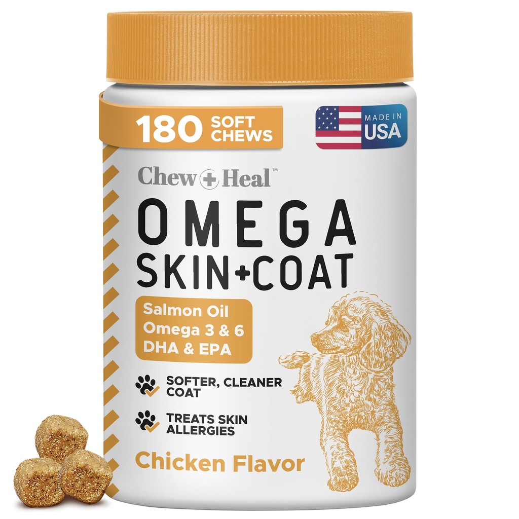 Laks Olie til Hunde - 180 Soft Chew Omega Treats for Hud og Coat - Fish Oil Blend of Essential Fedtsyrer, Omega 3 og 6, Vitaminer, Antioxidanter og Min - Made in USA