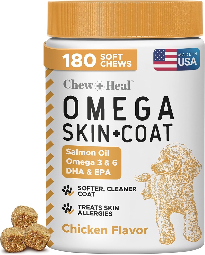 Laks Olie til Hunde - 180 Soft Chew Omega Treats for Hud og Coat - Fish Oil Blend of Essential Fedtsyrer, Omega 3 og 6, Vitaminer, Antioxidanter og Min - Made in USA