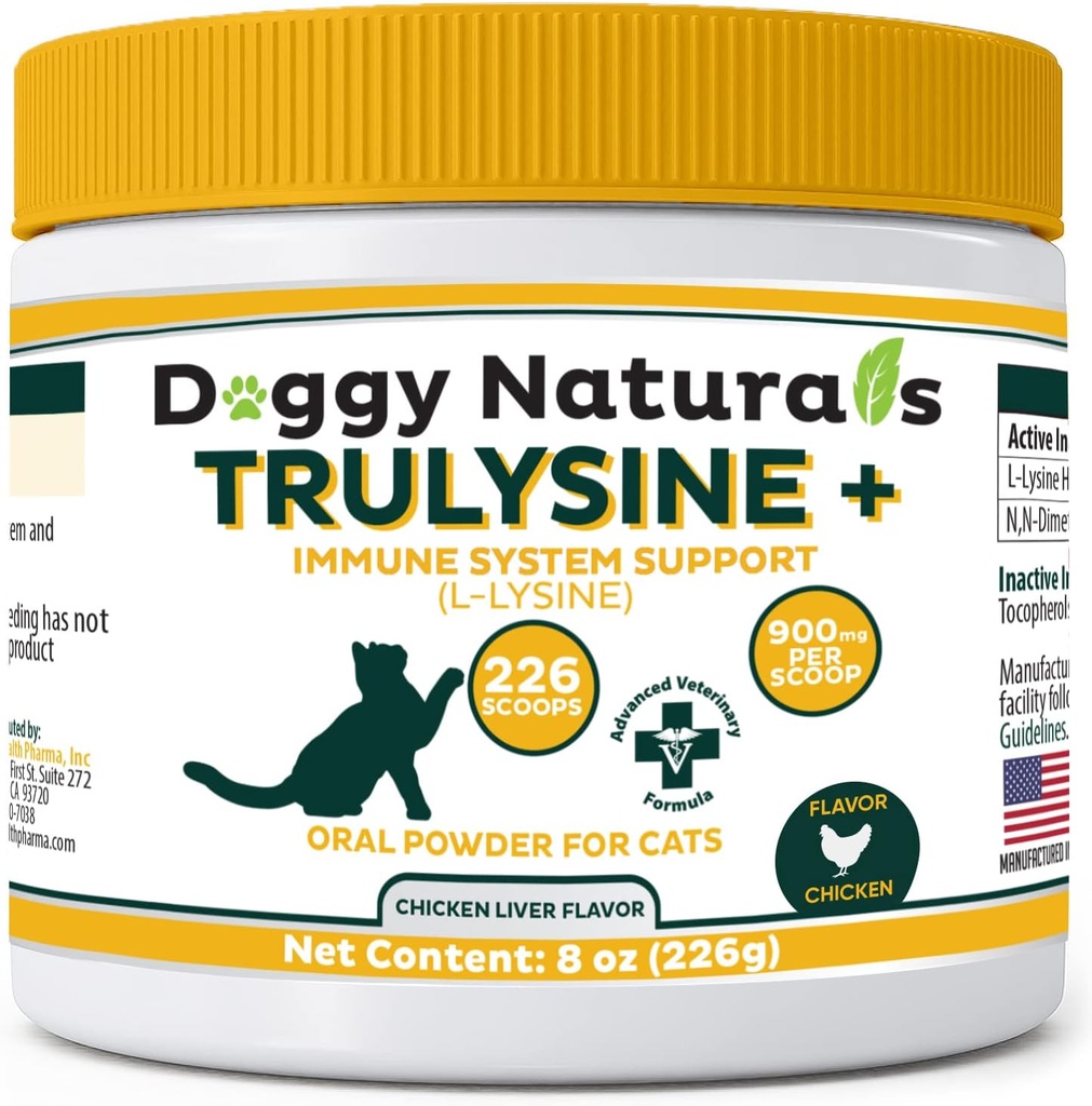 Trulysin Plus L- Lysin til Cats Immunsupport Oral Powder 8oz / 226g - Katte og killinger i alle aldre, nysen, Runny Næse Squinting, Watery Eyes Chicken Lever Flavor (U.S.A) (226 Bedste (900mg / Scoop))