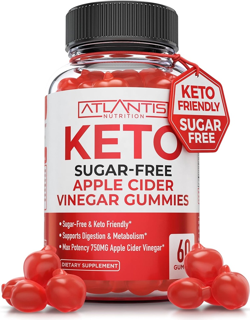 Atlantis Nutrition Sugar- Free Keto ACV Gummies for vægttab - Apple Cider Vineddike Gummies Formuleret med 750MG ACV Per Servering - Understøtter fordøjelse, vægttab, Detox & Cleansing - 60 Greve
