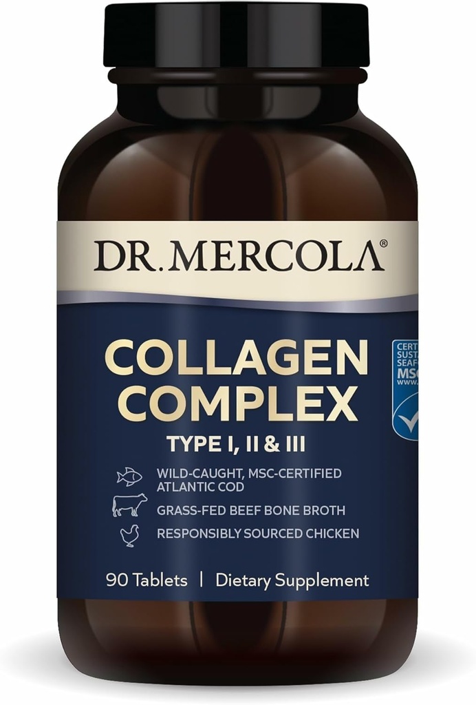 Dr. Mercola Collagen Complex - Understøtter Hud & Connective Tissue - Type I, II & III Collagen - Non- GMO, Gluten- Free & Soy- Free - 90 tabletter (30 servere)